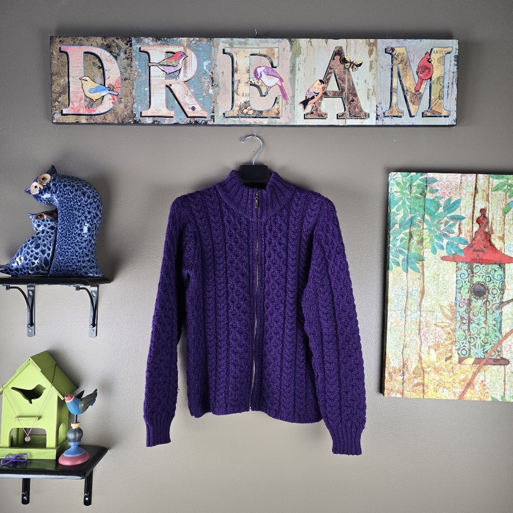 Inis Crafts Cable Knit Merino Wool Zip Sweater Purple Medium